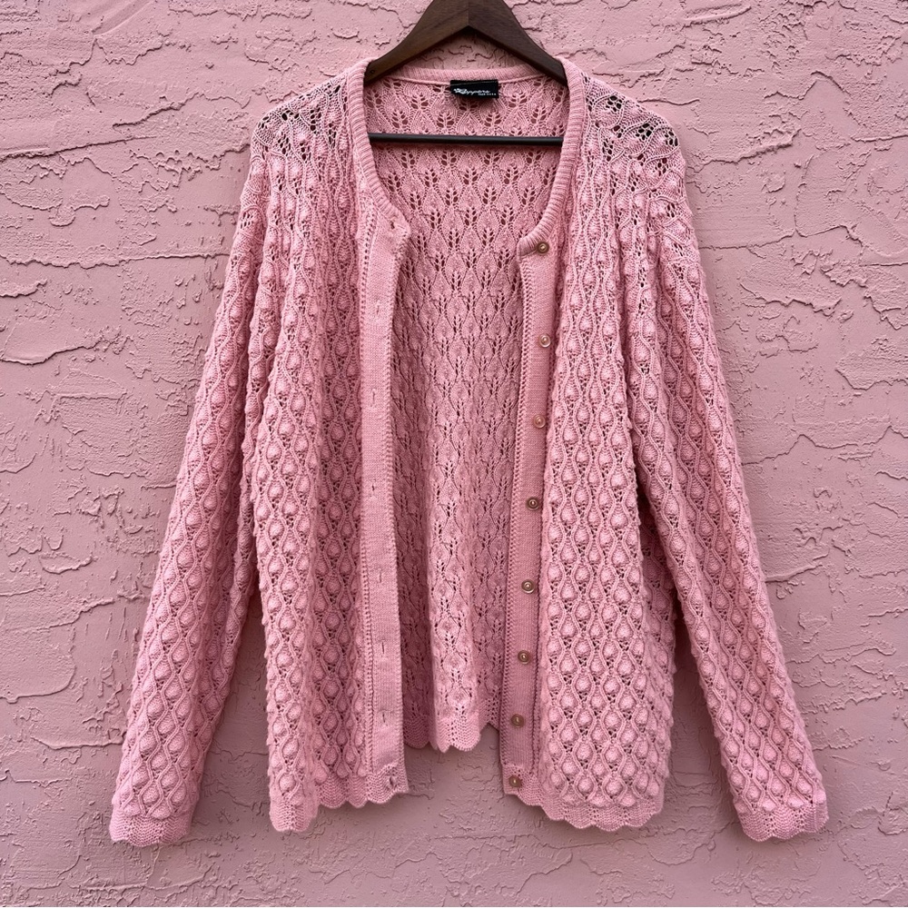 Vintage J.R. Rappers Cardigan Sweater Pale Pink Pastel Textured Crocheted Knit